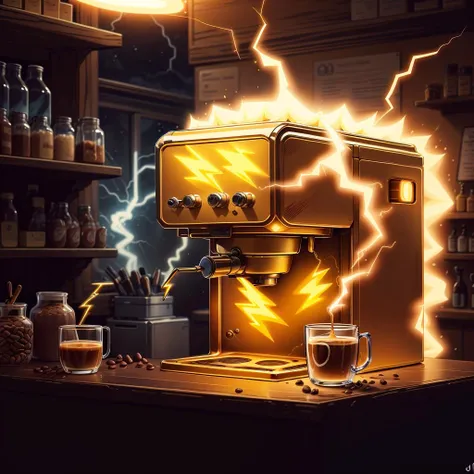 masterpiece, absurdres, extremely detailed, <lora:madeoflightningai:0.65>, madeoflightningai, coffee machine, lightning, magical, red lightning, bar counter, night, moonlight, volumetric lighting,