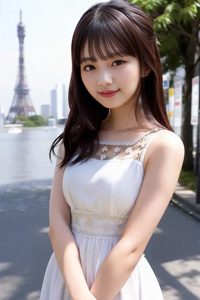 (skin blemish:1.2), (skindentation), black eye, 1woman, 25yo, (((woman))), solo, realistic, best quality, photorealistic, masterpiece, 8k, high res, solo, extremely detailed face, (professional lighting, bokeh), (light particles, lens flare, glowing particles:0.6), (dynamic pose:1.2), soft lighting, top angle view, fashionable and trendy atmosphere, japan, street, tokyo, harbour, skytree, tokyo tower, ((daytime)), sky, ((looking at the viewer:1)), (looking at the camera),(portrait:0.6), cowboy shot, gorgeous, standing, keep original facial proportion, wide shoulder, full body, (small breast), (medium hair), brown hair, floating hair, lips, lipstick, seductive smile, floating hair, smile, open_mouth, teeth, (summer dress:1), eyelashes, mole, (mole under eye:1), <lora:TsurushimaN2:0.8>