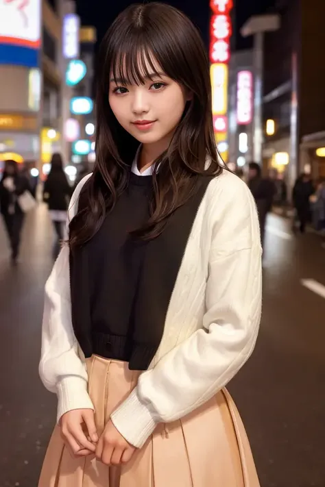 (skin blemish:1.2), (skindentation), black eye, 1woman, 25yo, (((woman))), solo, realistic, best quality, photorealistic, masterpiece, 8k, high res, solo, extremely detailed face, (professional lighting, bokeh), (light particles, lens flare, glowing particles:0.6), (dynamic pose:1.2), soft lighting, top angle view, fashionable and trendy atmosphere, japan, street, tokyo, city, ((daytime)), road, ((looking at the viewer:1)), (looking at the camera),(portrait:0.6), cowboy shot, gorgeous, standing, keep original facial proportion, wide shoulder, full body, (small breast), (medium hair), brown hair, floating hair, lips, lipstick, seductive smile, floating hair, smile, open_mouth, teeth, blouse, shirt, jacket, coat, (jumper skirt), eyelashes, mole, (mole under eye:1), <lora:TsurushimaN:0.8>