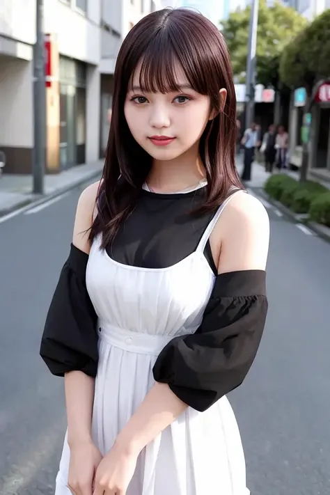 (skin blemish:1.2), (skindentation), black eye, 1woman, 25yo, (((woman))), solo, realistic, best quality, photorealistic, masterpiece, 8k, high res, solo, extremely detailed face, (professional lighting, bokeh), (light particles, lens flare, glowing particles:0.6), (dynamic pose:1.2), soft lighting, top angle view, fashionable and trendy atmosphere, japan, street, tokyo, city, ((daytime)), sky, ((looking at the viewer:1)), (looking at the camera),(portrait:0.6), cowboy shot, gorgeous, standing, keep original facial proportion, wide shoulder, full body, (small breast), (medium hair), brown hair, floating hair, lips, lipstick, seductive smile, floating hair, smile, (sleeves less white blouse), (jumper skirt), eyelashes, mole, (mole under eye:1), <lora:TsurushimaN2:0.8>