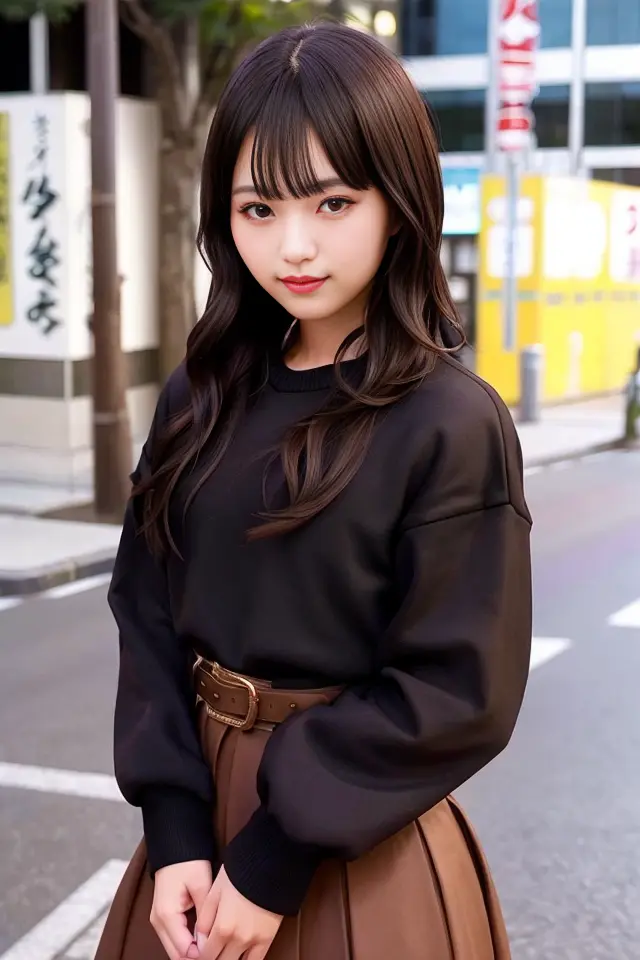 (skin blemish:1.2), (skindentation), black eye, 1woman, 25yo, (((woman))), solo, realistic, best quality, photorealistic, masterpiece, 8k, high res, solo, extremely detailed face, (professional lighting, bokeh), (light particles, lens flare, glowing particles:0.6), (dynamic pose:1.2), soft lighting, top angle view, fashionable and trendy atmosphere, japan, street, tokyo, city, ((daytime)), road, ((looking at the viewer:1)), (looking at the camera),(portrait:0.6), cowboy shot, gorgeous, standing, keep original facial proportion, wide shoulder, full body, (small breast), (medium hair), brown hair, floating hair, lips, lipstick, seductive smile, floating hair, smile, open_mouth, teeth, blouse, shirt, jacket, coat, (jumper skirt), eyelashes, mole, (mole under eye:1), <lora:TsurushimaN:0.8>