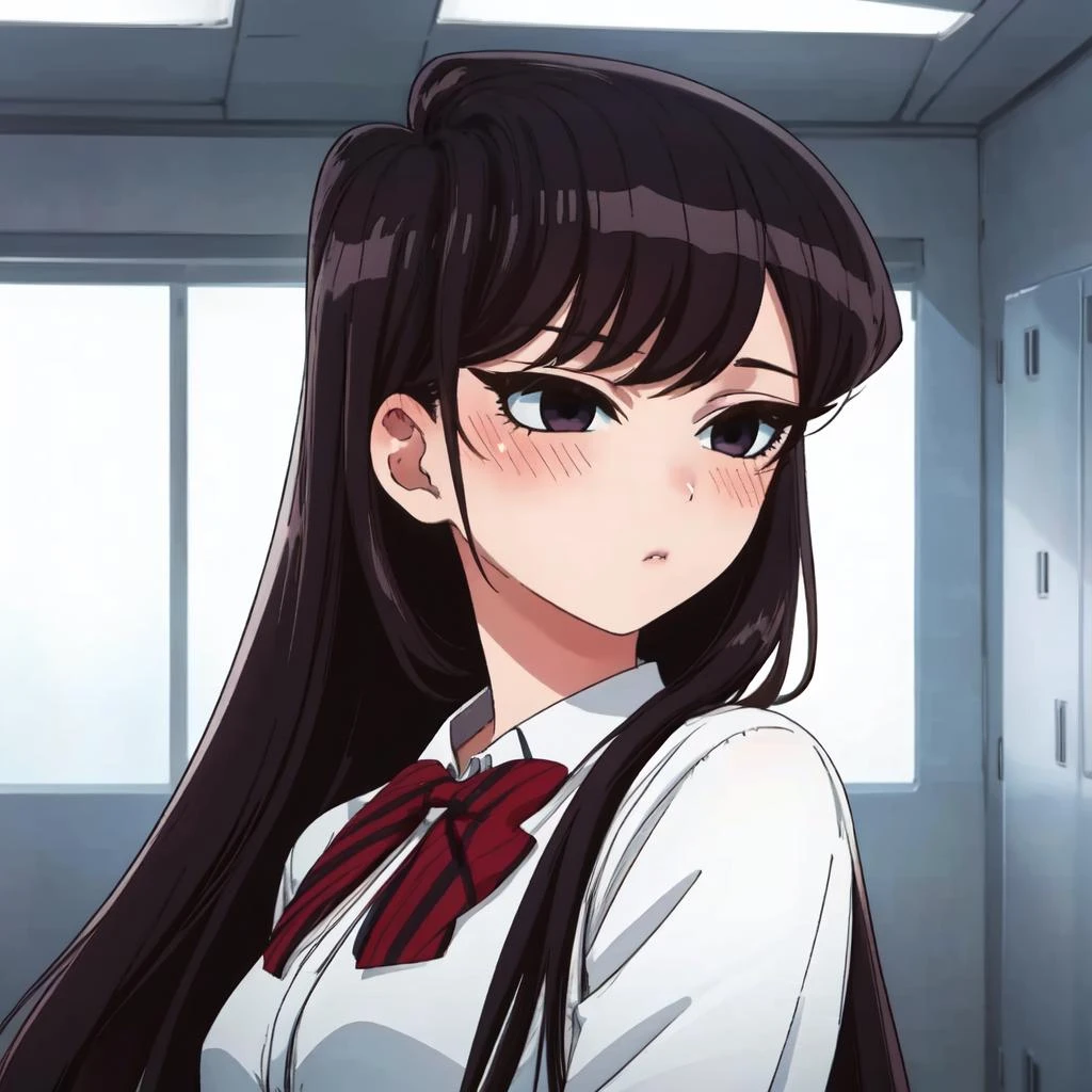(masterpiece),(best-quality),detailed,Komi_DC,1girl,solo,upper_body,from_front,long_hair,black_hair,black_eyes,blushing,embarrassed,shy,wonderful_school_background,indoors,anime,anime-style,intricate <lora:Komi_Lora-05:0.7>