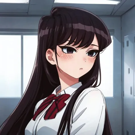 (masterpiece),(best-quality),detailed,Komi_DC,1girl,solo,upper_body,from_front,long_hair,black_hair,black_eyes,blushing,embarrassed,shy,wonderful_school_background,indoors,anime,anime-style,intricate  <lora:Komi_Lora-05:0.7>