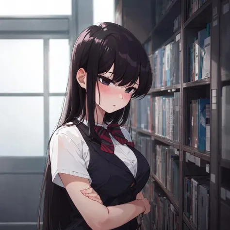 (masterpiece),(best-quality),detailed,Komi_DC,1girl,solo,touching_hair,upper_body,from_front,black_hair,black_eyes,blushing,embarrassed,shy,wonderful_school_background,indoors,anime,anime-style,intricate,elegant,(extremely detailed 8k wallpaper) <lora:Komi_Lora-05:0.6>