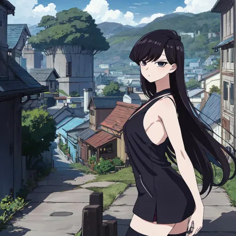 (masterpiece),(best-quality),detailed,(Komi_DC:1.1),1girl,solo,from_front,long_hair,black_hair,black_eyes,wonderful_town_background,anime,anime-style,aesthetic,in the style of Berserk,Studio_Ghibli,Amano_Yoshitaka <lora:Komi_Lora-03:0.7>