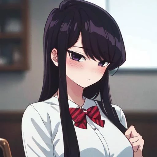 (masterpiece),(best-quality),detailed,Komi_DC,1girl,solo,touching_hair,upper_body,from_front,long_hair,black_hair,black_eyes,blushing,embarrassed,shy,wonderful_school_background,indoors,anime,anime-style,intricate,elegant,(extremely detailed 8k wallpaper)  <lora:Komi_Lora-05:0.6>