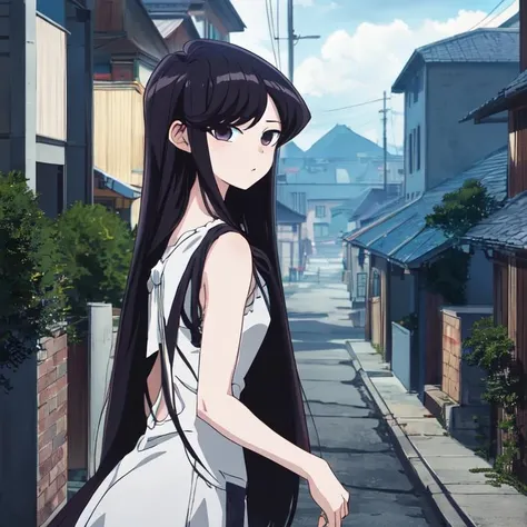 (masterpiece),(best-quality),detailed,(Komi_DC:1.1),1girl,solo,from_front,long_hair,black_hair,black_eyes,wonderful_town_background,anime,anime-style,aesthetic,in the style of Berserk,Studio_Ghibli,Amano_Yoshitaka <lora:Komi_Lora-03:0.7>
