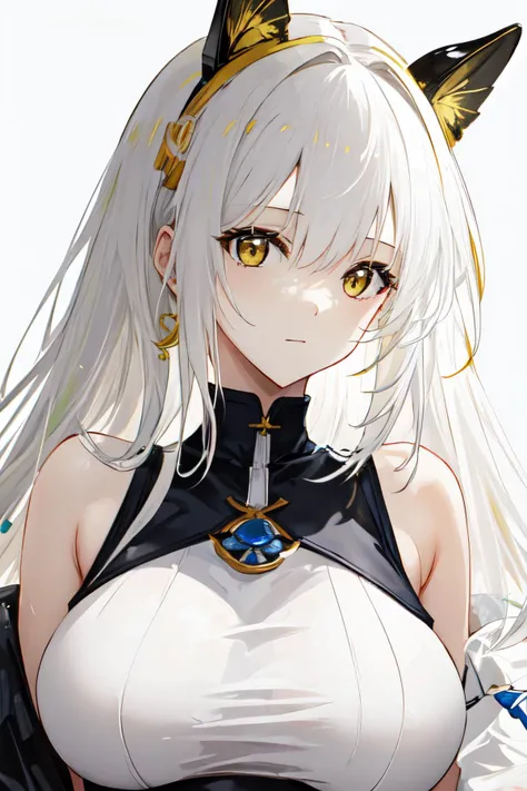 oha style,1girl,solo,upper body, sleeveless turtleneck, large breasts, yellow eyes, red hair, white hair, portrait, white background<lyco:omone_hokoma_agm_style:1>
