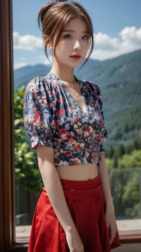 best quality,HDR,UHD,8K,Vivid Colors,solo,front view,photo_(medium),(1girl:1.3),(looking at viewer:1.4),ponytail,
<lora:add_detail:0.5>,standing,outside,sky,mountain,flower,<lora:rc10:0.75>,rc,side cutout,red skirt,