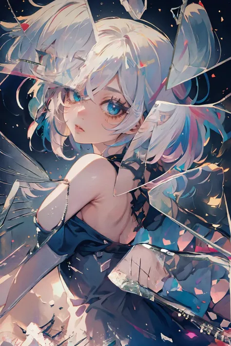 <lora:cervine-v2:0.8>,
very cool,1girl,gradient hair,multicolored hair,rainbow gradient,solo,looking at viewer,upper body,white hair,dress,black background,green eyes,short hair,realistic,bare shoulders,breasts,simple background,closed mouth,lips,bangs,small breasts,backless outfit,(NSFW:1.3),<lora:bg_imgs-10:1>,bg_imgs,dynamic pose,(wringing dress:1.2),(missionary:1.2),<lora:BrokenGlass:1>, IncrsBrknGls,broken glass,reflection,, best quality , masterpiece, illustration, an extremely delicate and beautiful, extremely detailed ,CG,unity,8k wallpaper, Amazing, finely detail, masterpiece, best quality,official art,extremely detailed CG unity 8k wallpaper,absurdres, incredibly absurdres, huge filesize , ultra-detailed, highres, extremely detailed,beautiful detailed girl, extremely detailed eyes and face, beautiful detailed eyes,light on face,