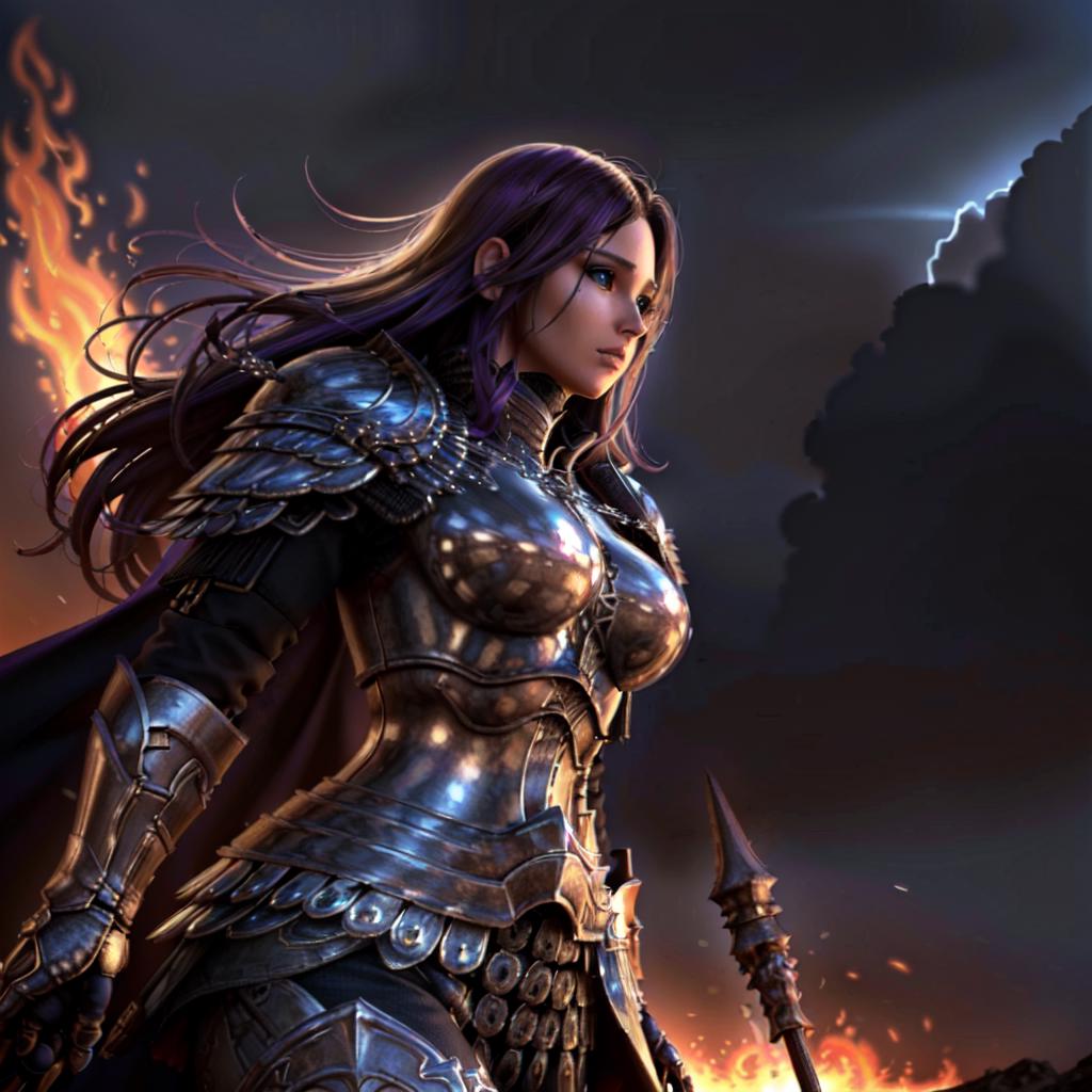 A woman in armor standing in front of a fire - SeaArt AI