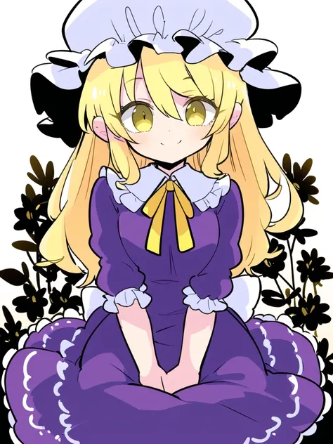 (masterpiece), (best quality),
solo, 1girl, thick outline,
(white background:1.1),
cute, light smile,
(wariza:1.2), (arms between legs:1.2),
maribel hearn, short wavy hair, blonde hair, aqua eyes, yellow eyes,
purple dress, white soft hat,