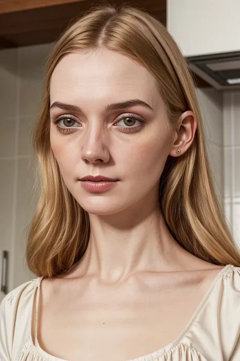 European woman, closeup, (shirt), pants, (kitchen), (), ZM_isa, wide shoulders, perfect face, (contact iris: 1.1), pale skin, skin pores , depth of field