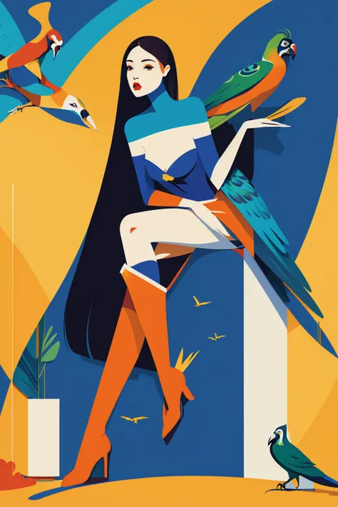 favre,super long hair, makeup, super long legs, over knee boots, ankymoore,
nsfw, illustration, fashion, girl, cleavage, bird, flower, parrot, peacock,
sexy dress, minimalist,elbow gloves,flat color , <lora:ankymoore-04:1> <lora:malikafavre-04:1>