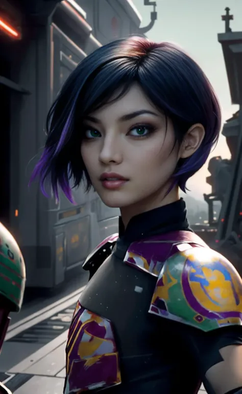 (masterpiece), (extremely intricate:1.3), (realistic), portrait of a eighteen-year-old [sabinewren:nlb0rdizz0:15], the most beautiful in the world, (mandalorian armor), metal reflections, upper body, star wars, professional photograph of a stunning woman detailed, intense focus, martial prowess, infiltrating the high ground, dramatic, award winning, cinematic lighting, octane render  unreal engine,  volumetrics dtx, (film grain, blurry background, blurry foreground, bokeh, depth of field, motion blur:1.3),  power armor, (disheveled pixie cut  haircut, colorful hair with subtle neon highlights), (([captivating  eyes: captivating green eyes:15], [glossy lips:glossy pink lips:15])), <lora:SabineWren6:1> <lora:starwars:0.2>
Amidst the chaos, iconic landmarks such as the Senate building and the Jedi Temple become battlegrounds, their pristine facades marred by the ravages of war. The clash between Republic defenders and Sith aggressors creates a tableau of destruction, with explosions ripping through buildings and debris littering the streets.  graffiti art on the walls.