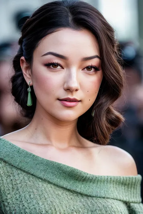 photo of beautiful (nlb0rdizz0:0.99), a woman with beautiful hair, hair upsweep updo, as a movie star in a (movie premiere), premiere gala, (near a movie theatre), natural skin texture, (elegant green sweater off-shoulder), (suspenders:1.1), 24mm, 4k textures, soft cinematic light, adobe lightroom, photolab, hdr, intricate, elegant, highly detailed, sharp focus, ((((cinematic look)))), soothing tones, insane details, intricate details, hyperdetailed, low contrast, soft cinematic light, exposure blend, hdr, faded, (paparazzi in background), (painted lips:1.1), ((looking straight at the camera:1.1))