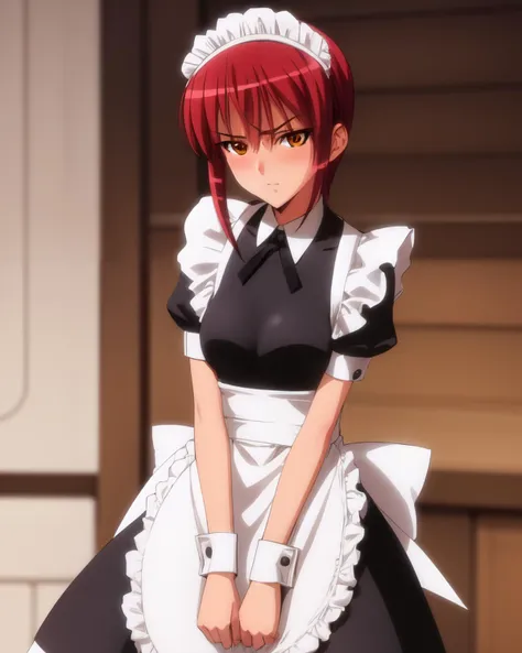 <lyco:Riza-NAI-LyCORIS:1>
1girl, solo, riza wildman, v_arms, maid uniform, maid headdress, frills, blushing