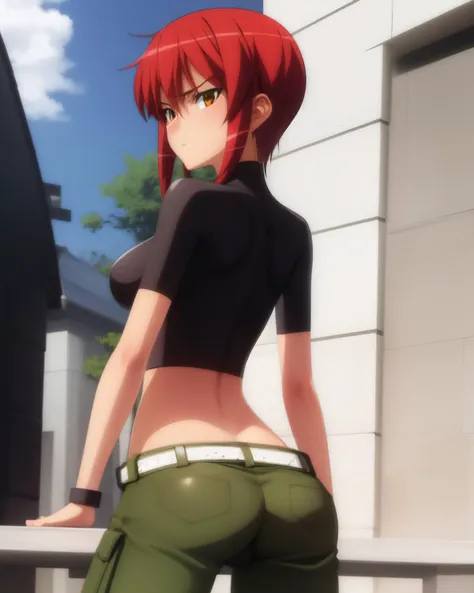 1 Girl, sexy Satanichia Kurumizawa, back, from the back, tight black shorts, big ass, black bra,  Satanichia looking at the camera, perverted look, shiny skin 