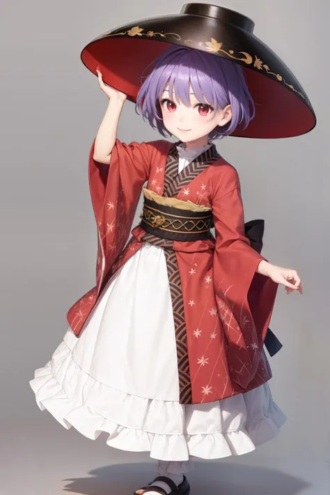 masterpiece, best quality, <lora:SukunaShinmyoumaru:1>,sukuna shinmyoumaru, 1girl,minigirl,bowl hat,ahoge,purple hair, short hair,red eyes,japanese clothes,frilled kimono,obi,sash,long sleeves, wide sleeves, smile,full body, grey background,