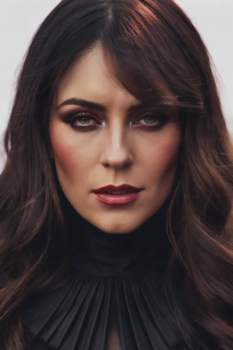a woman wearing a cocktail black dress, smokey eye makeup, cleavage, beautiful detailed eyes, beautiful detailed lips, extremely detailed face, long eyelashes, elegant pose, sultry look, photorealistic, high quality, vivid colors, cinematic lighting, portrait
