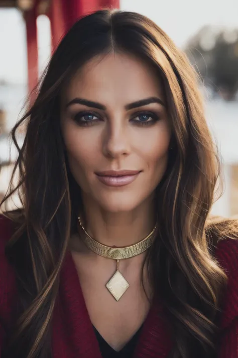 ehy piercing eyes, looking straight, very happy,long hair, wearing an red sweater, gold choker, closeup portrait, in a outdoor cafe in 2015, afternoon light,<lyco:ElizabethHurley-RealVision-V1.0:1.0>