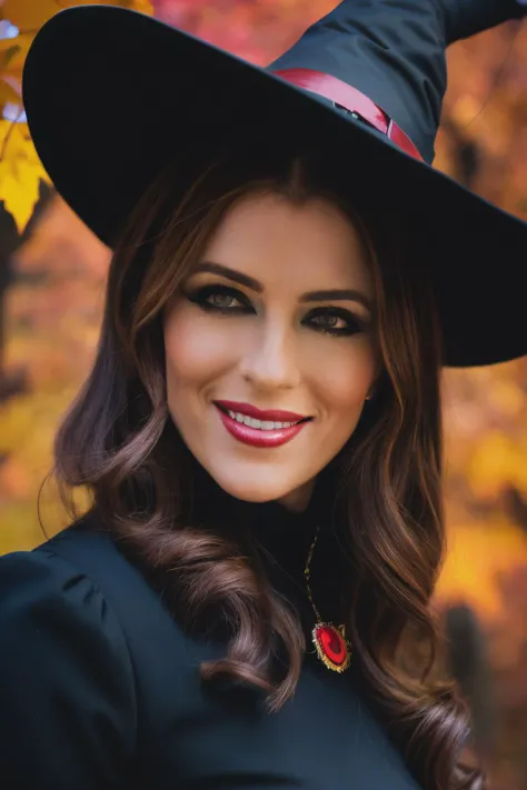 up close photo of ehy as a witch, (red and black witch outfit), evil smile, fall season background, fine-face, realistic shaded perfect face, fine details. Realistic shaded lighting poster by Ilya Kuvshinov katsuhiro, magali villeneuve, artgerm, Jeremy Lipkin and Michael Garmash, Rob Rey and Kentar Miura style, trendin,<lyco:ElizabethHurley-RealVision-V1.0:1.0>