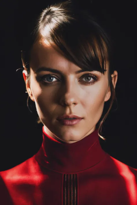 refnstyle, a woman with short hair wearing a tracksuit, upper body shot,red tint,dimly lit,standing in a room,looking at camera,at night,dramatic and intense atmosphere,vibrant