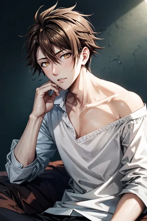 tsunashi ryuunosuke\(idolish7\), 1boy, solo, looking at viewer, male focus, brown hair, yellow eyes, doyagao, white shirt, off shoulder, adjustment shirt, being filmed, green background, undressing shirt, studio