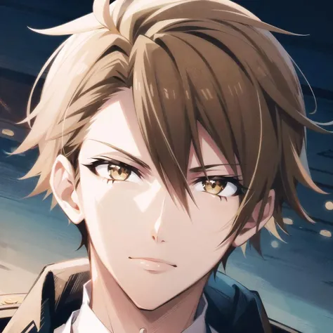 tsunashi ryuunosuke\(idolish7\), 1boy, solo, looking at viewer, male focus, brown hair, yellow eyes, close-up