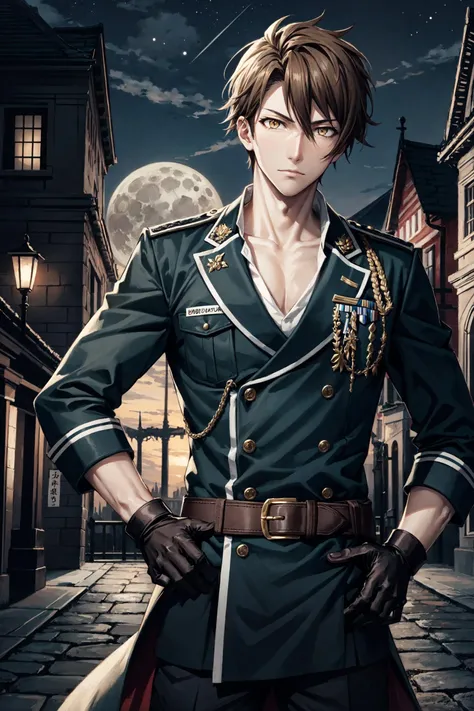tsunashi ryuunosuke\(idolish7\), ryuunosuke costume, solo, 1boy, male focus, looking at viewer, brown hair, yellow eyes, collarbone, gloves, black belt, black gloves, fingerless gloves, green military, military uniform, long military, hand on hip, moon light, castle