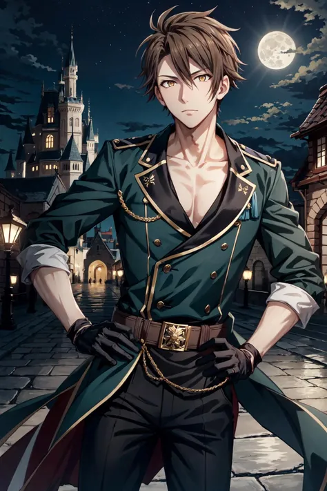 tsunashi ryuunosuke\(idolish7\), solo, 1boy, male focus, looking at viewer, brown hair, yellow eyes, gloves, black gloves, fingerless gloves, collarbone, green military uniform, hand on hip, black pants, moon light, castle