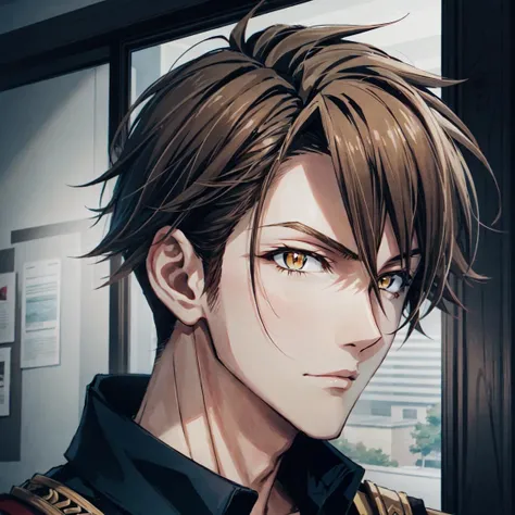 tsunashi ryuunosuke\(idolish7\), 1boy, solo, looking at viewer, male focus, brown hair, yellow eyes, close-up
