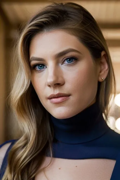 <lora:k4th3rynw:1>, Realistic photo of a beautiful k4th3rynw woman, 1girl, solo, long hair, looking at viewer, blue eyes, blonde hair, upper body, lips, makeup, turtleneck, hand on own chest, soft lighting, professional Photography, Photorealistic, detailed, RAW, analog, sharp focus, 8k, HD, DSLR, high quality, Fujifilm XT3, film grain, award winning, masterpiece
