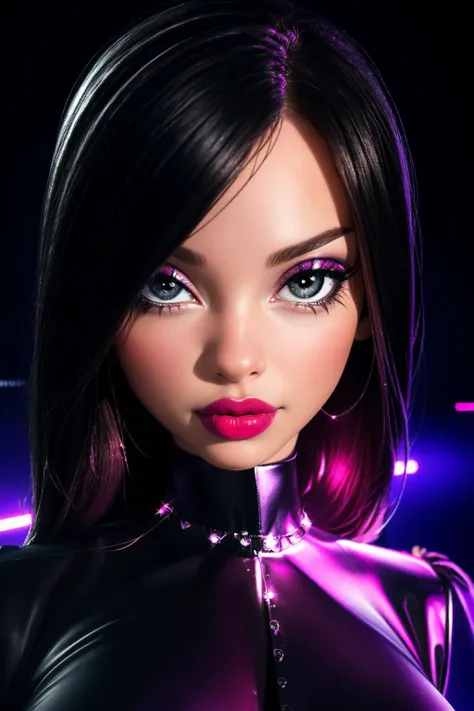 realistic, best quality, (masterpiece:1.2), absurdres, (1girl, solo), fashion photography of bratz, <lora:bratz3-01:0.5>, lips, large breasts, beautiful, makeup, mascara, lip gloss, black hair, a beautiful woman wearing l4t3xm1n1, red latex dress, <lora:l4t3xm1n1:0.8>, full body portrait, extremely luminous bright design, autumn lights, looking at viewer, (dark neon club background:1.3), <lora:bellybuttonremover_1:1>