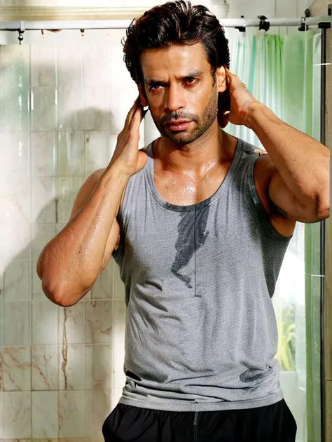 johnathon schaech a man <lora:gaurav-arora_Johnathon-Schaech:1>, Is wearing a gray tank top with sweat and black shorts. standing with his hands over his face as if he is in pain or discomfort. The background is lush bright bathroom in white which contrasts with the man's dark clothing and adds to the starkness of the image. body is muscular, rugged appearance, high-res, best quality, s3t on armpit chest and belly, medium full body shot, 8k uhd, dslr, soft light, high quality, Fujifilm XT3
<lora:sweaty_shirt_v5-28-B1-Rescale:1>