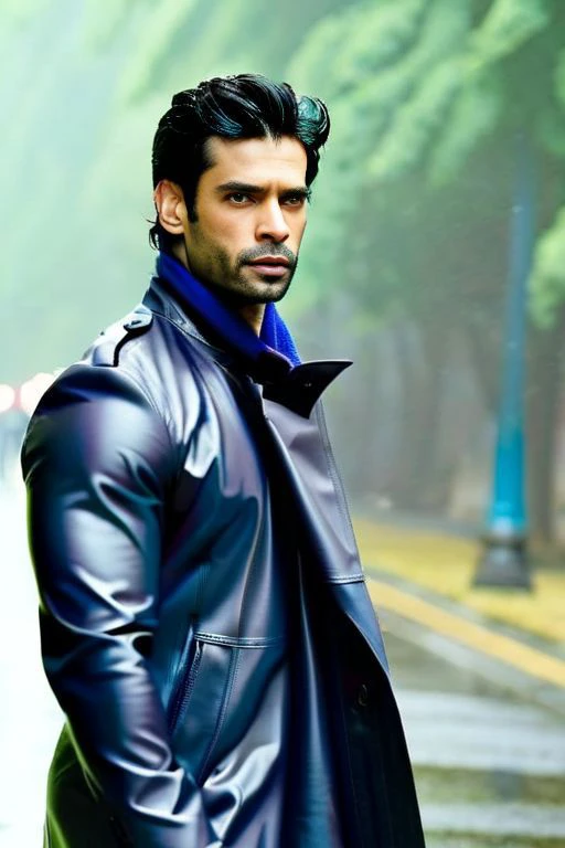 johnathon schaech a man <lora:gaurav-arora_Johnathon-Schaech:1>, wearing a rain coat, crop top, city street, bokeh, rainy day,