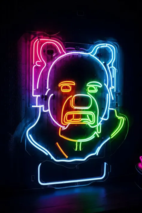 neon light in the shape of a bear, in a bar, best quality, (8k, ultra-detailed), fog, smoke <lora:neon_v1:0.7>