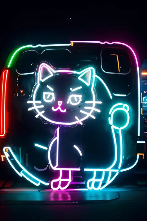 neon light in the shape of a cat, on the side of a bus, best quality, (8k, ultra-detailed), fog, smoke <lora:neon_v1:0.7>