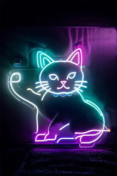 neon light in the shape of a cat, on the side of a bus, best quality, (8k, ultra-detailed), contrast, moody lighting, fog, smoke <lora:neon_v1:0.7>