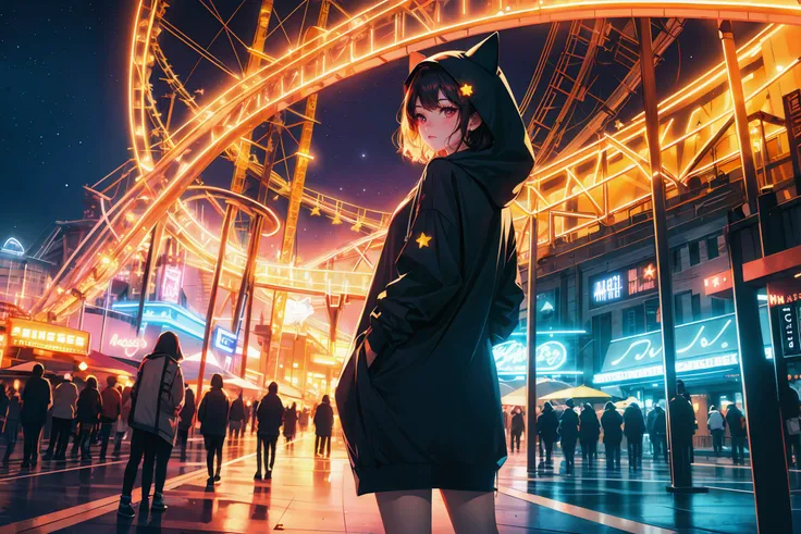 (masterpiece:1.3),(best quality:1.1)roller coaster,theme_park,dawn,wide_shot,science fiction,night,<lora:neon_v1:0.35>,neon light,neon,LED,from below,growing_light,1 girl,starry sky,animal costume,hood up,hoodie,bare legs,looking back,bottomless,