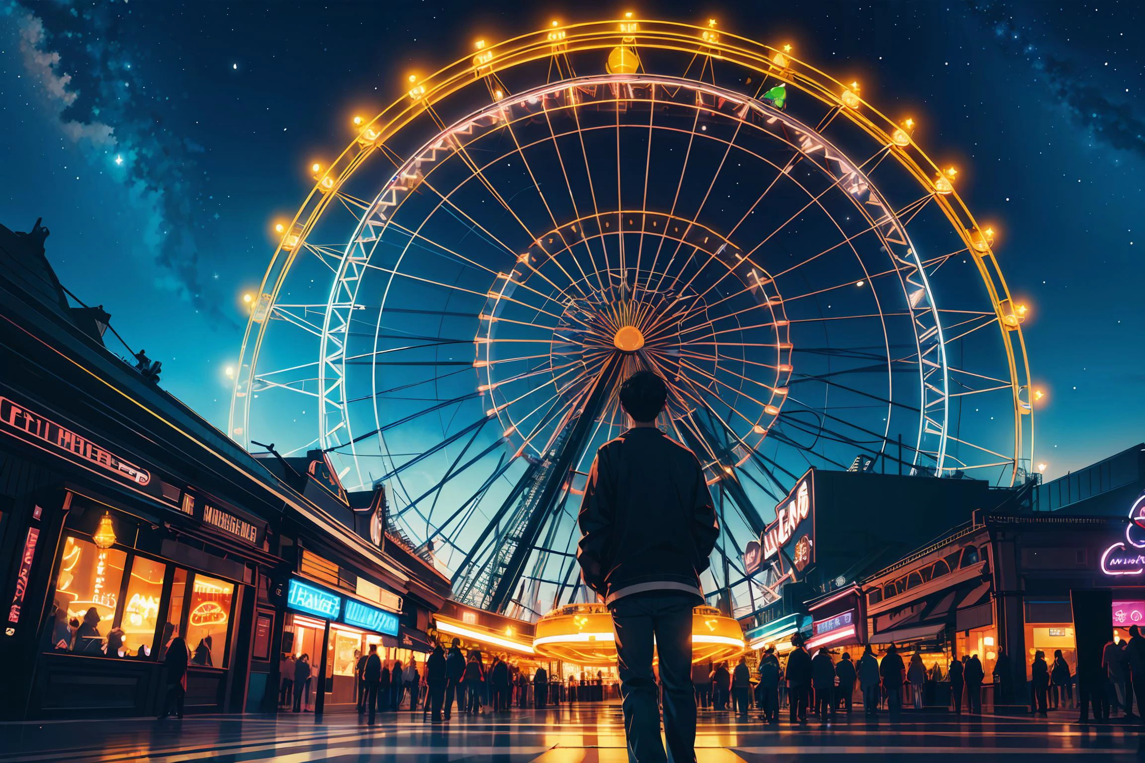 (masterpiece:1.3),(best quality:1.1)roller coaster,theme_park,ferris wheel,dawn,full_shot,wide_shot,science fiction,night,<lora:neon_v1:0.35>,neon light,neon,LED,from below,growing_light,1 boy,starry sky,