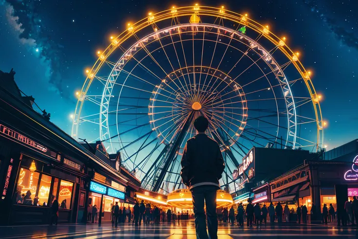 (masterpiece:1.3),(best quality:1.1)roller coaster,theme_park,ferris wheel,dawn,full_shot,wide_shot,science fiction,night,<lora:neon_v1:0.35>,neon light,neon,LED,from below,growing_light,1 boy,starry sky,