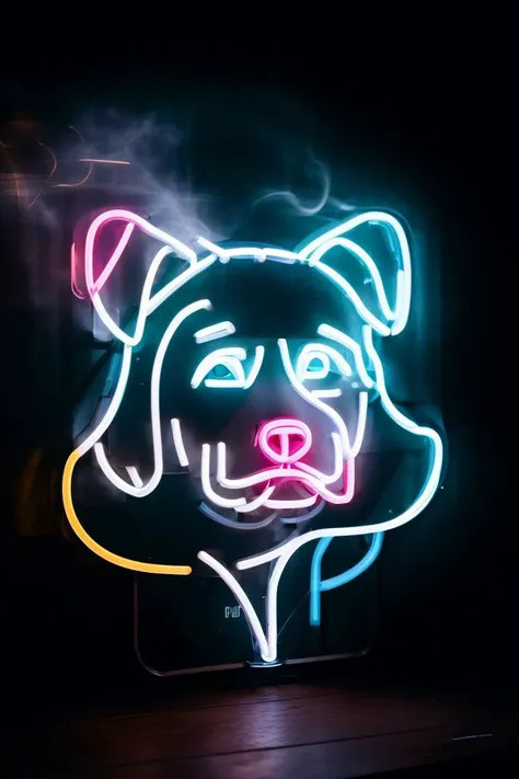 neon light in the shape of a dog, night time, side of building, best quality, (8k, ultra-detailed), contrast, moody lighting, fog, smoke <lora:neon_v1:0.7>