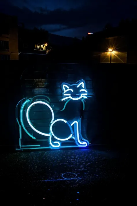 neon light in the shape of a cat, night time, side of building, best quality, (8k, ultra-detailed), contrast, moody lighting, fog, smoke <lora:neon_v1:0.7>