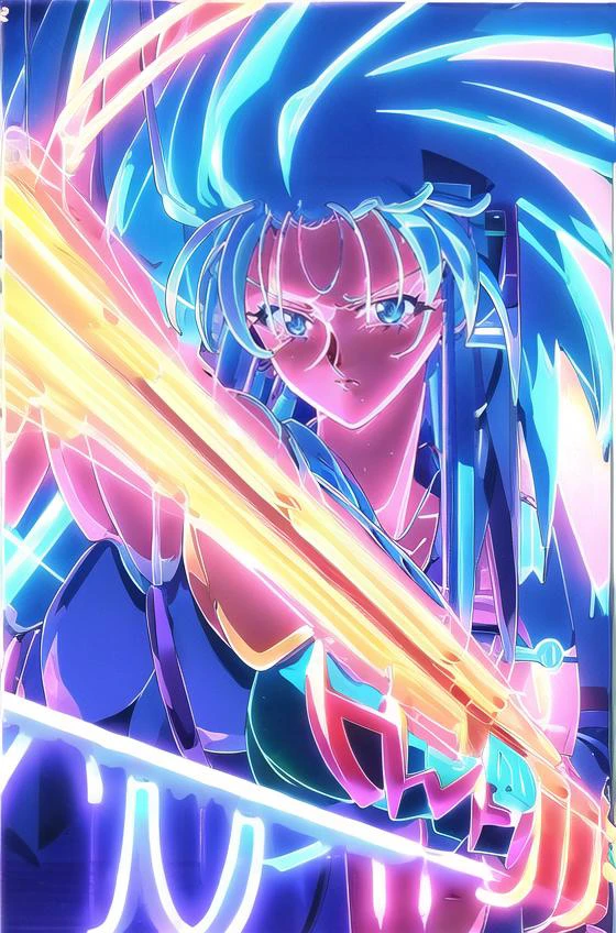<lora:neon_v1:0.5> neon, neon lights, upper body, neon sign, <lora:RTMV1:1> ryouko_(tenchi_muyou!), big hair, blue hair, spiked hair