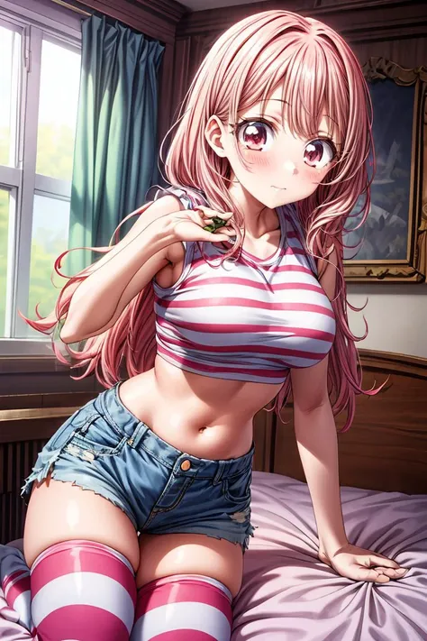 (masterpiece, best quality), 1girl, pink hair, crop top, denim shorts, bedroom, striped thighhighs,