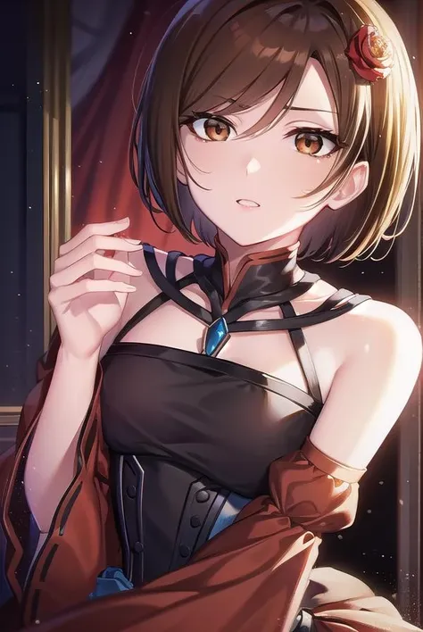 banicaconchita, <lora:banicaconchita-lora-nochekaiser:1>,
banica conchita, (brown eyes:1.5), brown hair, short hair,
BREAK bare shoulders, corset, detached sleeves, dress, flower, hair flower, hair ornament, red dress, red sleeves, rose,
BREAK cowboy shot, looking at viewer,
BREAK indoors,
BREAK <lyco:GoodHands-beta2:1>, (masterpiece:1.2), best quality, high resolution, unity 8k wallpaper, (illustration:0.8), (beautiful detailed eyes:1.6), extremely detailed face, perfect lighting, extremely detailed CG, (perfect hands, perfect anatomy),