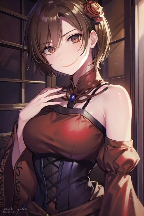 banicaconchita, <lora:banicaconchita-lora-nochekaiser:1>,
banica conchita, (brown eyes:1.5), brown hair, short hair, <lora:closedmouth_type1_v100:1>,
BREAK bare shoulders, corset, detached sleeves, dress, flower, hair flower, hair ornament, red dress, red sleeves, rose,
BREAK cowboy shot, looking at viewer,
BREAK indoors,
BREAK <lyco:GoodHands-beta2:1>, (masterpiece:1.2), best quality, high resolution, unity 8k wallpaper, (illustration:0.8), (beautiful detailed eyes:1.6), extremely detailed face, perfect lighting, extremely detailed CG, (perfect hands, perfect anatomy),