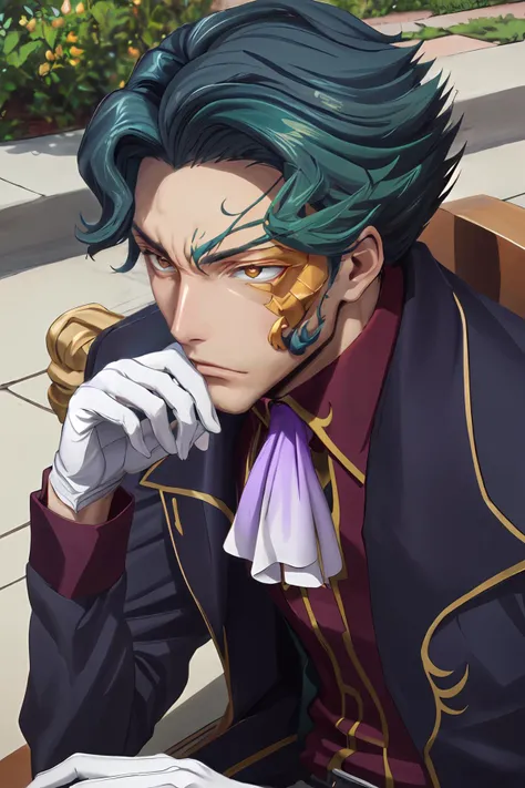(masterpiece, best quality:1.2), highres, 1boy, male focus, solo,
Jeremiah_Chugi_Wald, blue hair, green hair, short hair, brown eyes, (mask:1.1),
white jacket, jacket, long sleeves, ascot, purple ascot, formal, shirt, white gloves,
sitting, 
outdoors, portrait, 
<lora:add_detail_CyberAlchemist:0.4>, <lora:GoodHands-beta2:0.8>, <lora:JeremiahChugiWald-000010:1.0>,