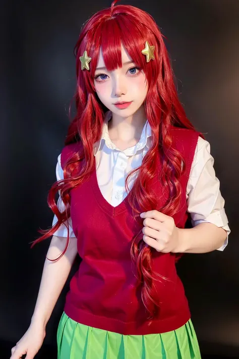 tayua from anime naruto, long hair, red hair, girl, beautiful girl, beautiful, standing, perfect body, full body, looking at viewer, smiling expression, has white horns
